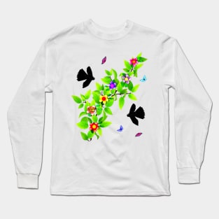 Cute Birds. Black Morph Fantails and Butterflies Long Sleeve T-Shirt